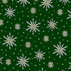 Christmas Eve Snowflakes on Green Metallic Cotton Woven Fabric