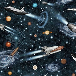 Intergalactic by Dan Morris Space Ships Black Cotton Woven Fabric