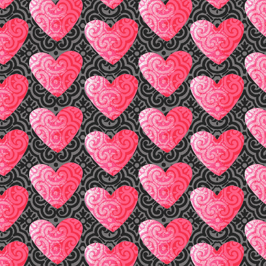 Hearts Of Love by Sharla Fults Hearts Pink on Gray 4377-29 Cotton Woven Fabric