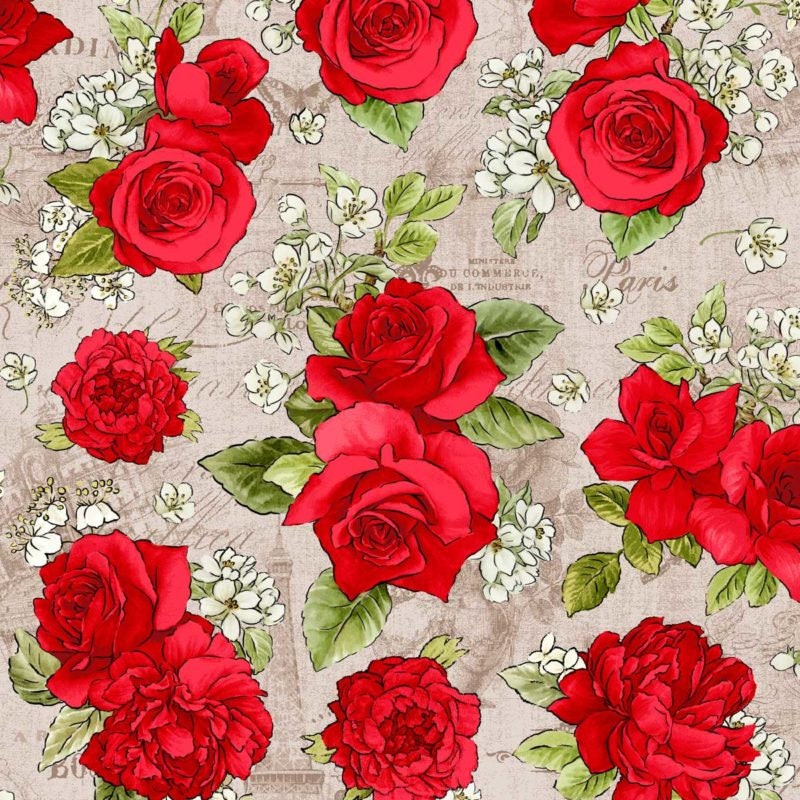 Paris Roses Tan 21802 Cotton Woven Fabric