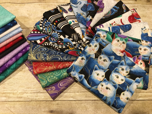 Cat-I-Tude 2 Purrfect Together by Ann Lauer Mini Scrolls Cats Blue Metallic  7558MB-56 Cotton Woven Fabric