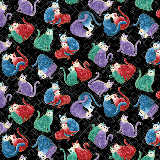 Cat-I-Tude 2 Purrfect Together by Ann Lauer Mini Squares Cats Black Metallic 7557MB-12 Cotton Woven Fabric