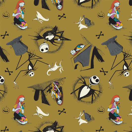 Jack is Back (Nightmare Before Christmas) Tombstones Golden Green Cotton Woven Fabric