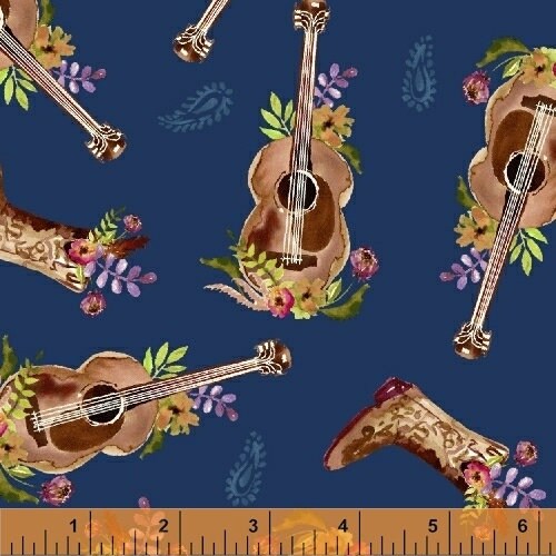 Wanderers Weekend by Sophia Santander 50789-1 Guitars/Boots Navy Cotton Woven Fabric