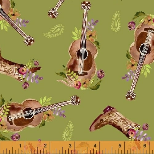 Wanderers Weekend by Sophia Santander 50789-6 Guitar/Boots Moss Cotton Woven Fabric
