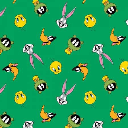 Licensed Looney Tunes Faces Green Cotton Woven Fabric