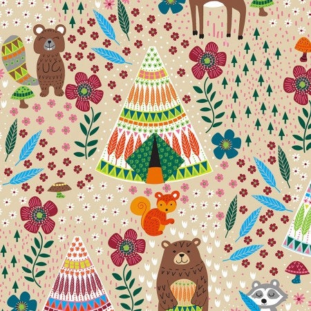 Latte Forest Animals w/Tee Pee C6786-AWAY-Latte Cotton Woven Fabric