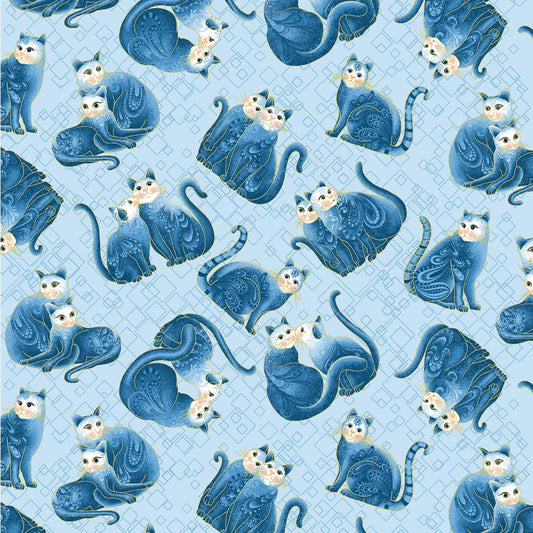 Cat-I-Tude 2 Purrfect Together by Ann Lauer Mini Squares Cats Blue Metallic 7557MB-55 Cotton Woven Fabric