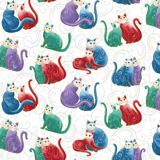 Cat-I-Tude 2 Purrfect Together by Ann Lauer Mini Scrolls Cats White Metallic 7558MB-09 Cotton Woven Fabric