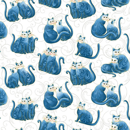 Cat-I-Tude 2 Purrfect Together by Ann Lauer Mini Scrolls Cats Blue Metallic 7558MB-56 Cotton Woven Fabric