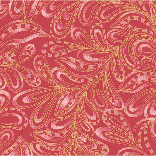 Cat-I-Tude 2 Purrfect Together by Ann Lauer Feathery Paisley Red Metallic  7555MB-10 Cotton Woven Fabric
