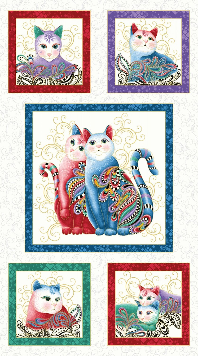 Cat-I-Tude 2 Purrfect Together by Ann Lauer 24" Panel Metallic Framed Cats White 7550MB-09 Cotton Woven Panel