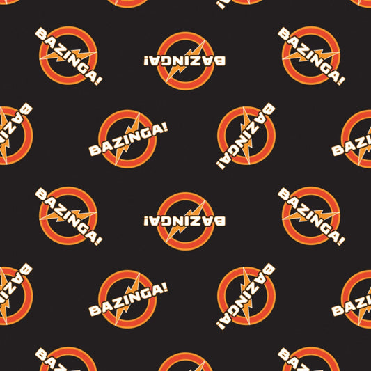 Big Bang Theory Bazinga on Black Cotton Woven Fabric