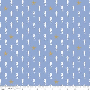 Lets Be Mermaids by Melissa Mortenson Sea Horse on Periwinkle w/Gold Sparkle accent sc7611-white Cotton Woven Fabric