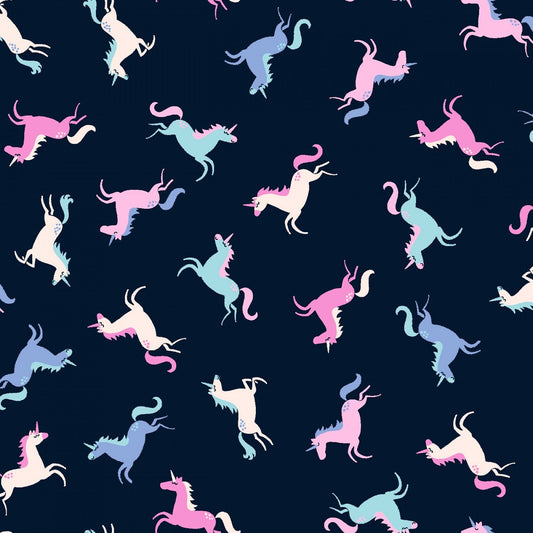 Avalon Peacoat Tossed Unicorn ST-1068PEAC Cotton Woven Fabric