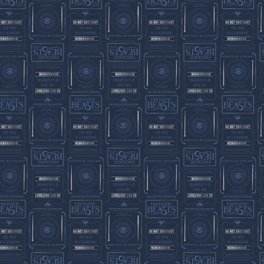 Licensed Fantastic Beasts Newsprint and Symbols Blue with Metallic Cotton Woven Fabric