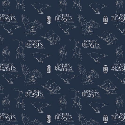 Licensed Fantastic Beasts Logo and Creatures Navy with Metallic Cotton Woven Fabric