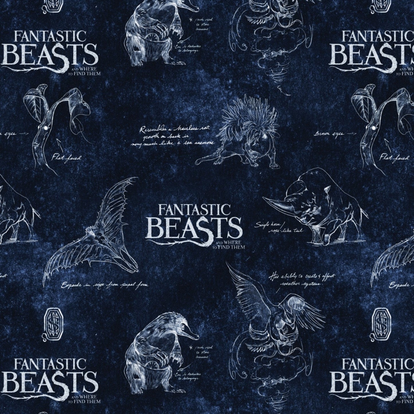 Licensed Fantastic Beasts Logo and Creatures Navy Cotton Woven Fabric