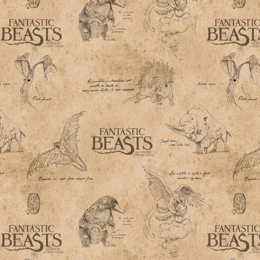 Licensed Fantastic Beasts Logo and Creatures Tan Cotton Woven Fabric