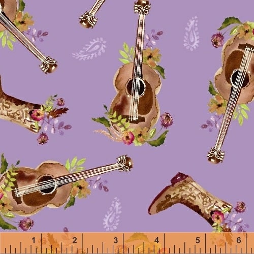 Wanderers Weekend by Sophia Santander 50789-4 Guitar/Boots Lilac Cotton Woven Fabric