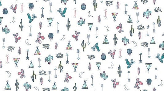 Llamaste Desert Symbols on White Stella-1176-White Cotton Woven Fabric