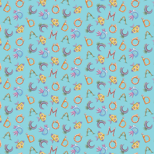 Licensed Pout Pout Fish Alphabet Fish on Aqua C8251R-AQUA Cotton Woven Fabric