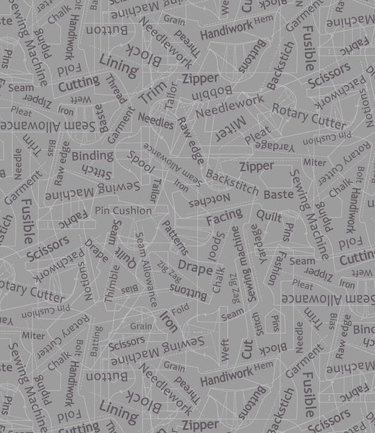 Betterstitch Gray Sewing Words 9387-95 Cotton Woven Fabric