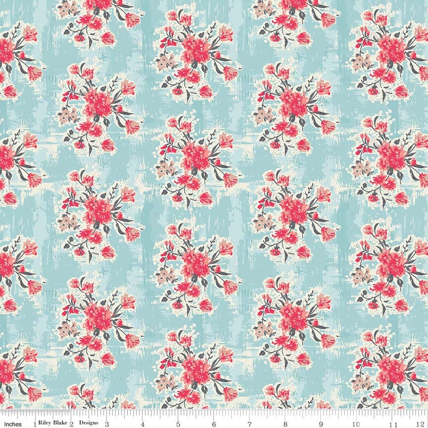 Abbie by Sue Daley Floral Aqua C7711-AQUA Cotton Woven Fabric