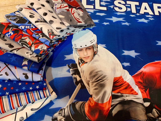 All Star Hockey Players on Gray DP22580-94 Digitally Printed Cotton Woven Fabric
