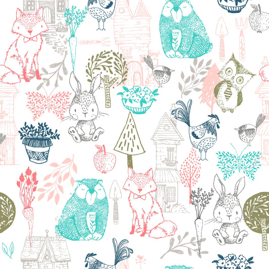 Little Thicket Animals & Houses 14524-WHITE Cotton Woven Fabric