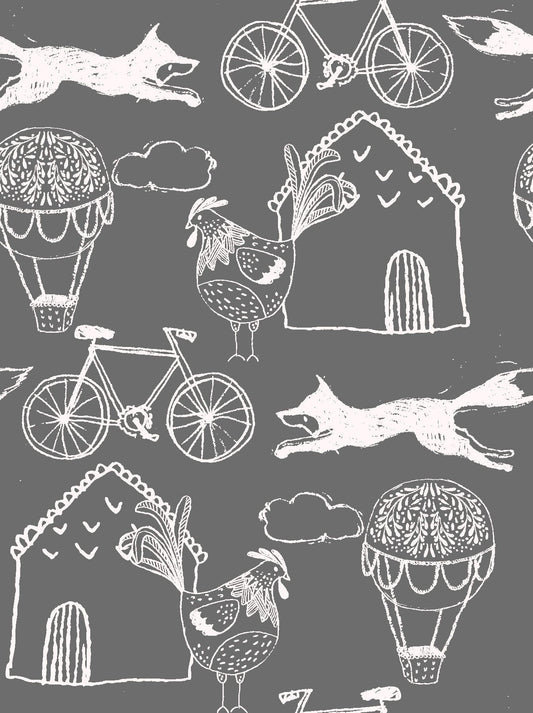 Little Thicket Foxes w/Bikes 14528-GRAY Cotton Woven Fabric