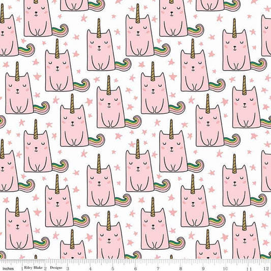 Caticorn Novelty by Webster's Pages Pink on White w/GOLD Metallic accents SC9008-WHITE Cotton Woven Fabric