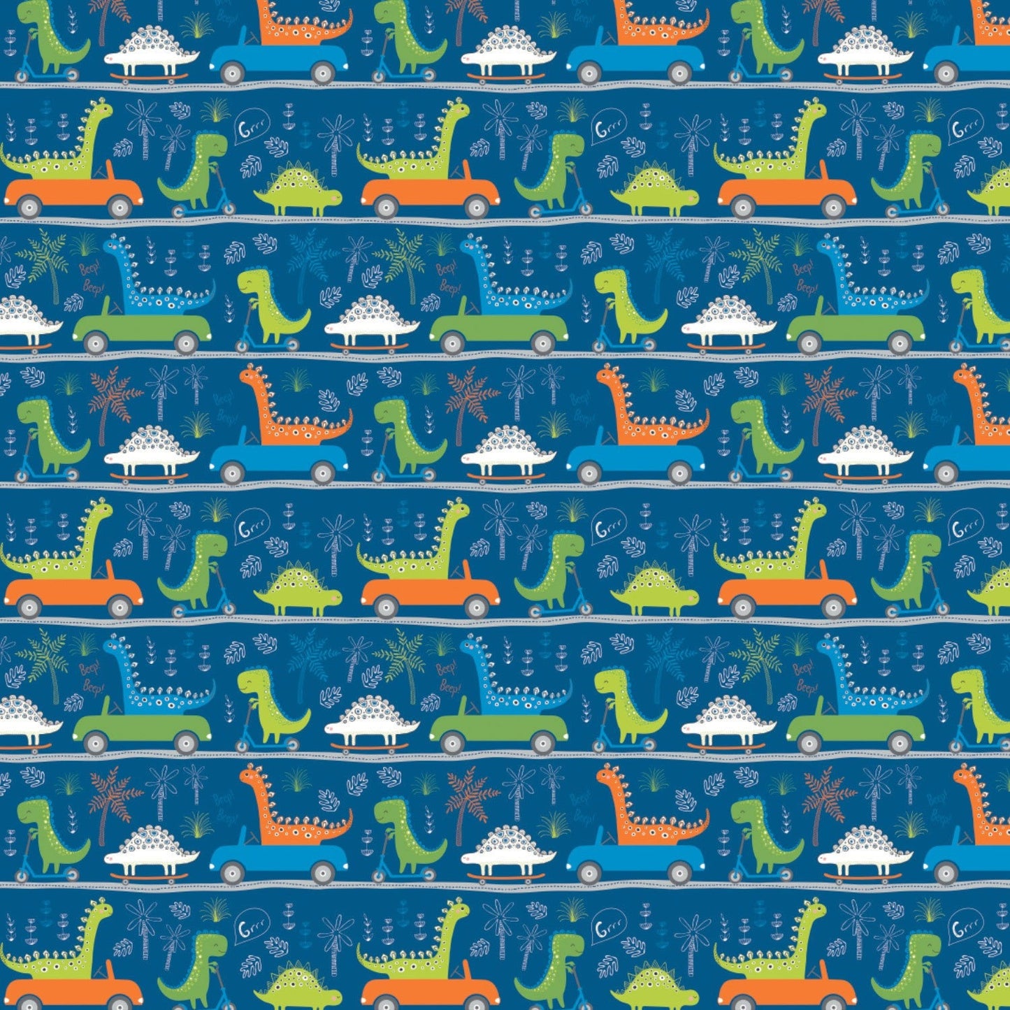 Roarsome Dark Blue Dinosaurs on the Go 21180403-2 Cotton Woven Fabric