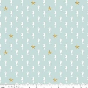 Lets Be Mermaids by Melissa Mortenson Sea Horse on Mint w/Gold Sparkle accents sc7611-mint Cotton Woven Fabric