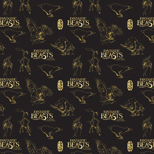 Licensed Fantastic Beasts Logo and Creatures Black with Metallic Cotton Woven Fabric