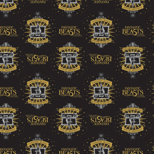 Licensed Fantastic Beasts Suitcases & Logo Black Cotton Woven Fabric