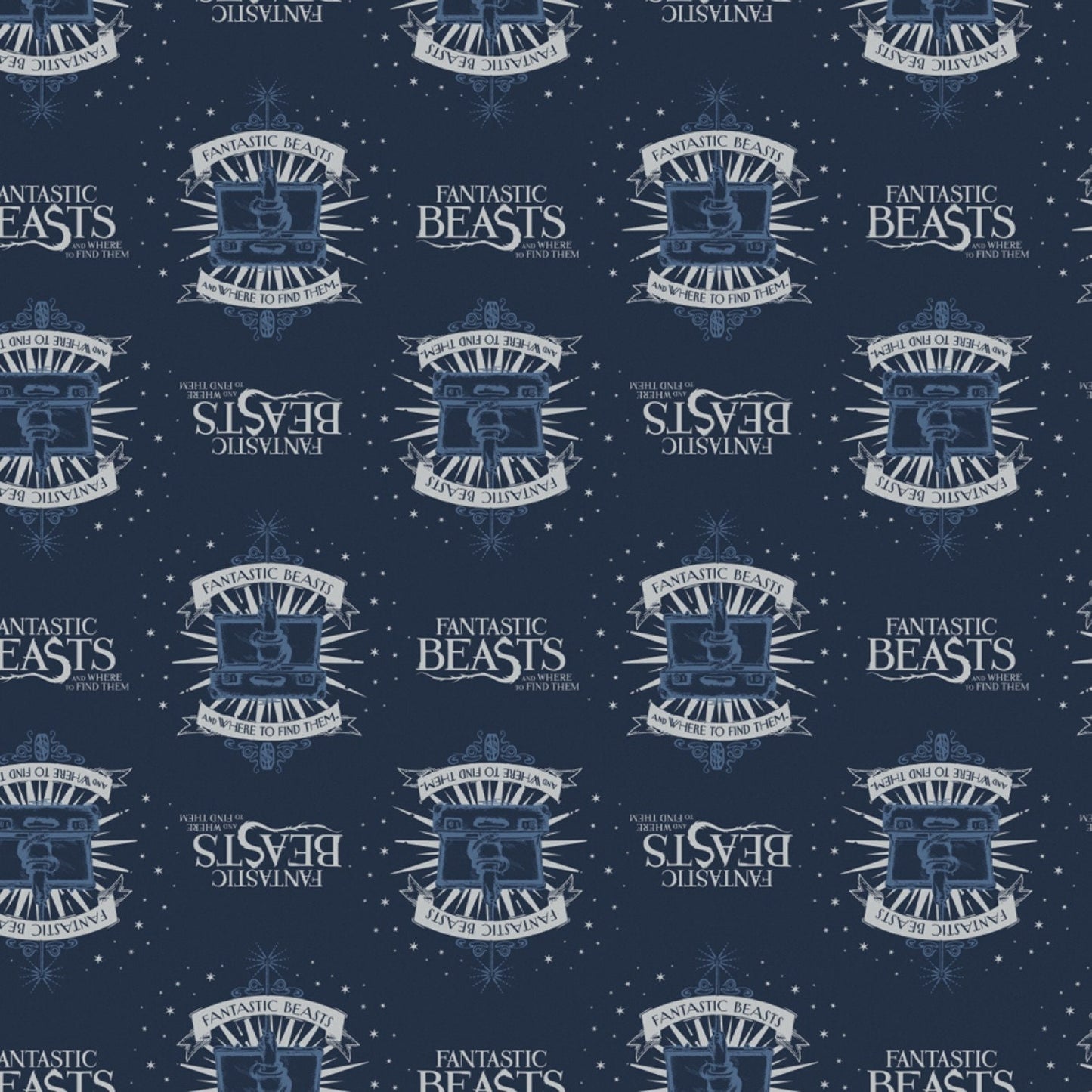Licensed Fantastic Beasts Suitcase and Logo Navy Cotton Woven Fabric