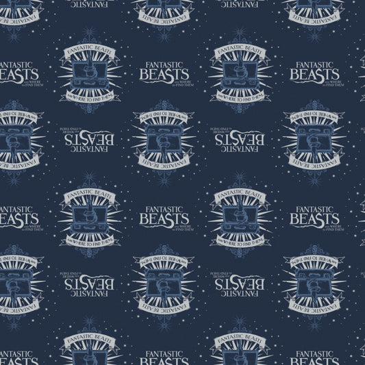 Licensed Fantastic Beasts Suitcase and Logo Navy Cotton Woven Fabric