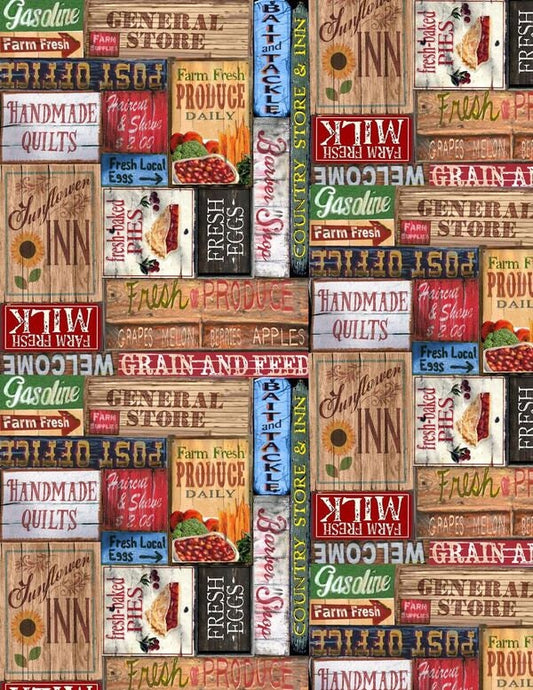 Country Paradise by Christina Bramhall Tan Country Signs 9356-35 Cotton Woven Fabric