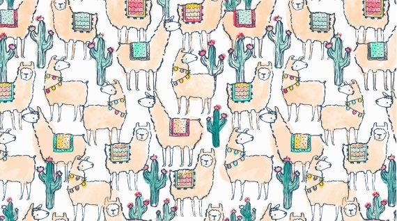 No Drama Llama Dear Stella Llamaste Llamaste on White Stella-1174-White Cotton Woven Fabric