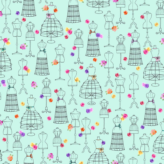 Amour De Fleur by Ink & Arrow Dress Forms on Aqua 27054Q Cotton Woven Fabric