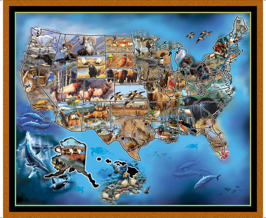 Sew N Go VII 36" Panel United States Animal Map 26934X Cotton Woven Panel