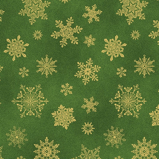 Cat-i-tude Christmas by Ann Lauer Green Playful Flakes w/Metallic Accents 6747M-45 Cotton Woven Fabric