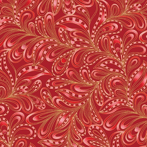 Cat-i-tude Christmas by Ann Lauer Rouge Featherly Paisley w/ Metallic Accents 7555M-20 Cotton Woven Fabric