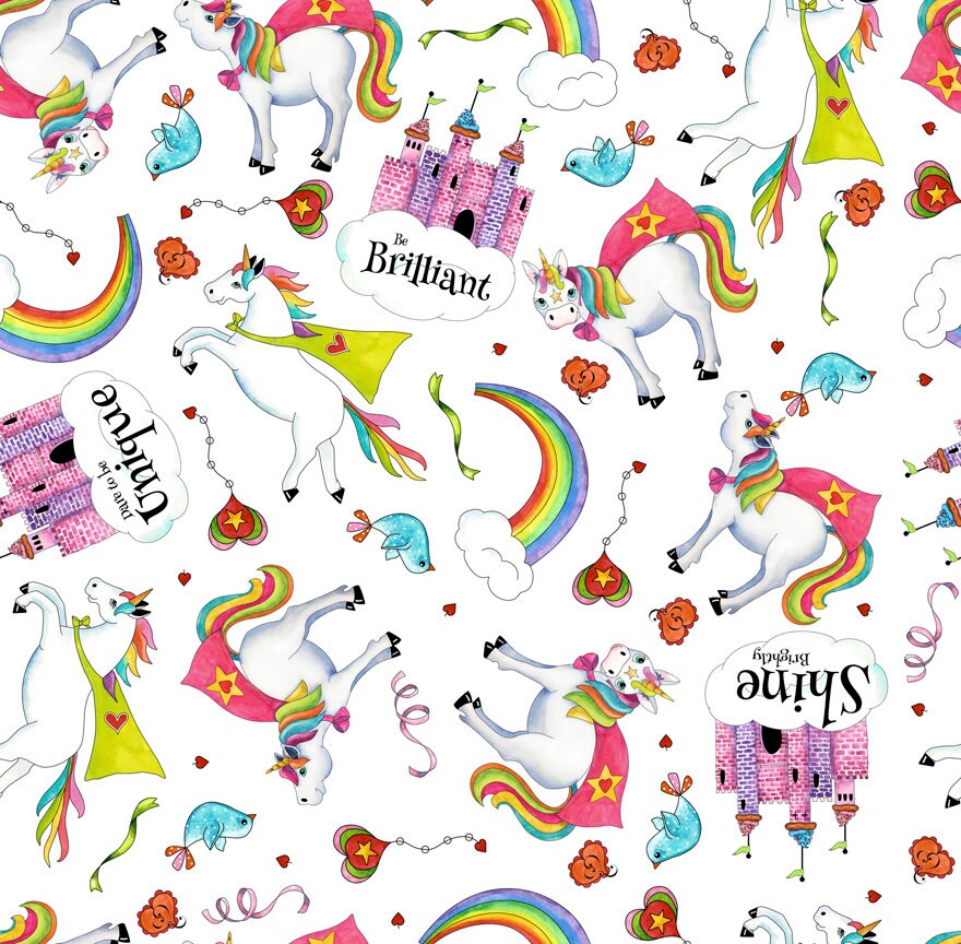 Party Like a Unicorn from Desiree's Designs White Tossed Unicorns 26912Z Cotton Woven Fabric