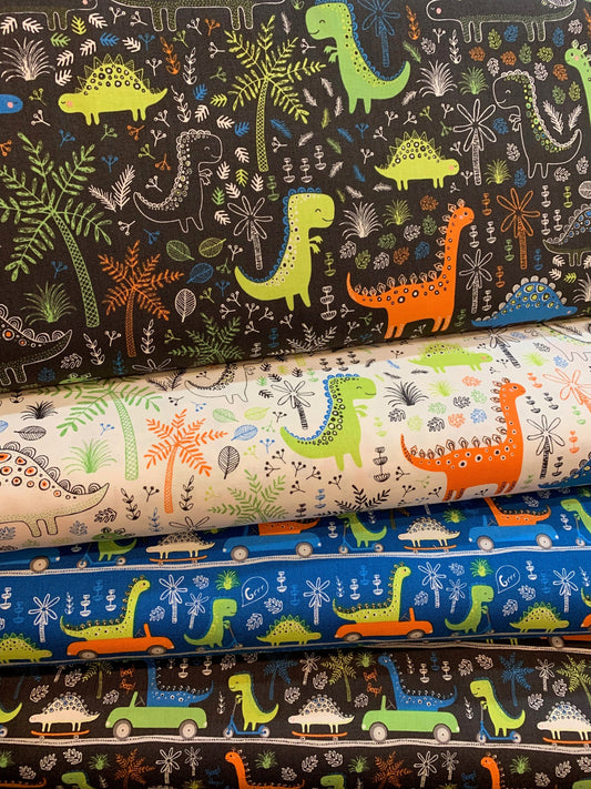 Roarsome Dark Blue Dinosaurs on the Go 21180403-2 Cotton Woven Fabric