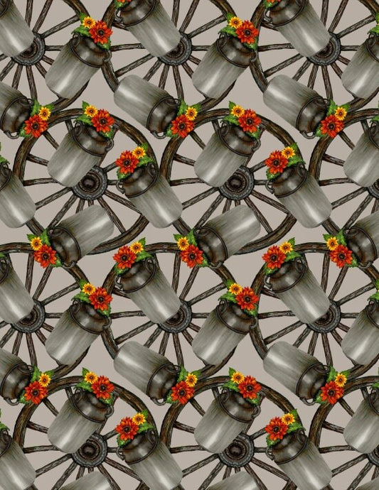 Prairie Lane By Lennie Honcoop MIlk Cans With Flowers 9521-90 Cotton Woven Fabric