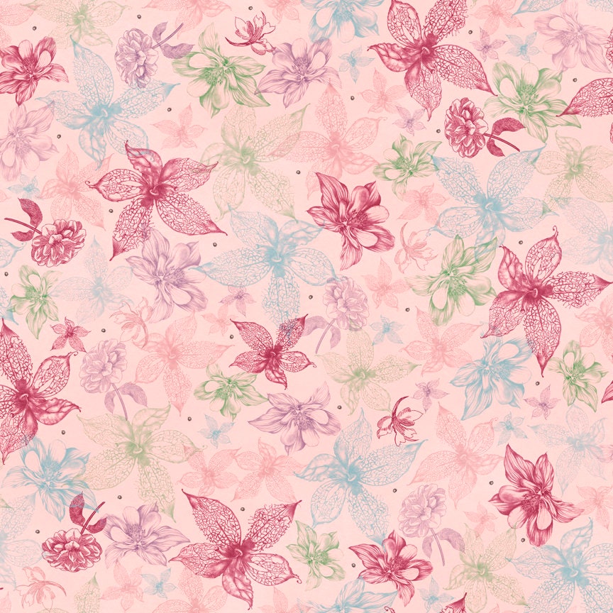 Midnight Garden by Mirabelle Licensed by Santoro Light Pink Sketched Floral 26943P Cotton Woven Fabric