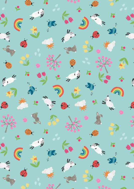 Whatever the Weather Spring on Duck Egg Blue  A374.3 Cotton Woven Fabric