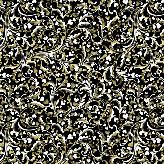 Cherish Black Scroll with Metallic Accents 8959M12B Cotton Woven Fabric